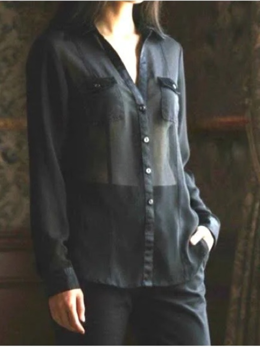 Cache Sheer Black Button-Up Blouse